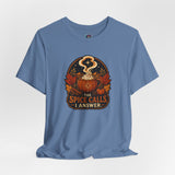 Dusty blue crewneck T-shirt with spice cauldron circular graphic on chest.