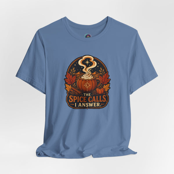 Dusty blue crewneck T-shirt with spice cauldron circular graphic on chest.
