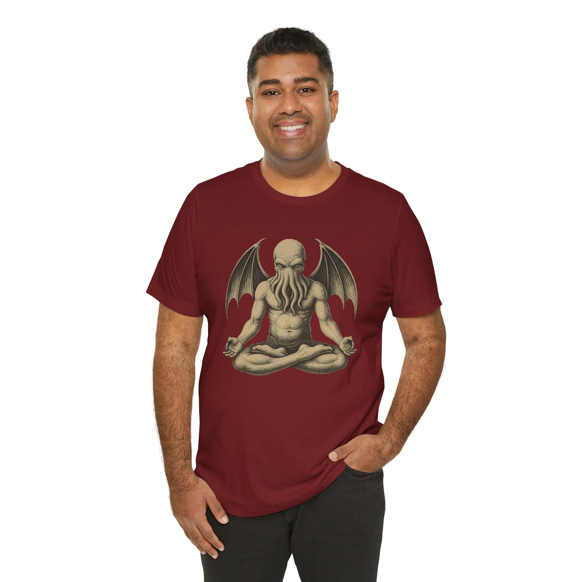 Unisex maroon crewneck T-shirt with meditating octopus-like creature graphic, standing