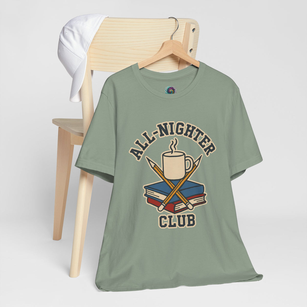 Sage green crew-neck T-shirt with trophy-and-books chest graphic on a hanger