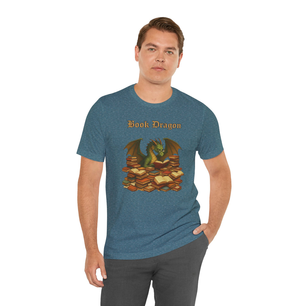 Teal heather Book Dragon t-shirt on model, front print with dragon and book stack