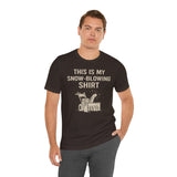 Black crew-neck t-shirt with snow-blowing graphic and slogan, man wearing it
