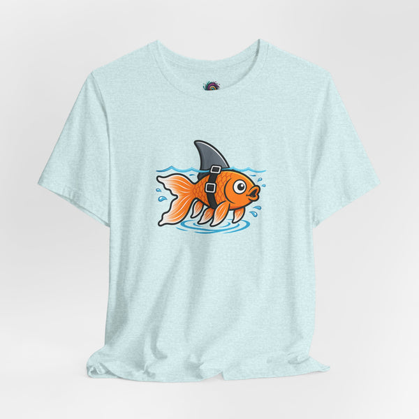Light blue T-shirt with orange fish graphic in scuba gear and shark fin