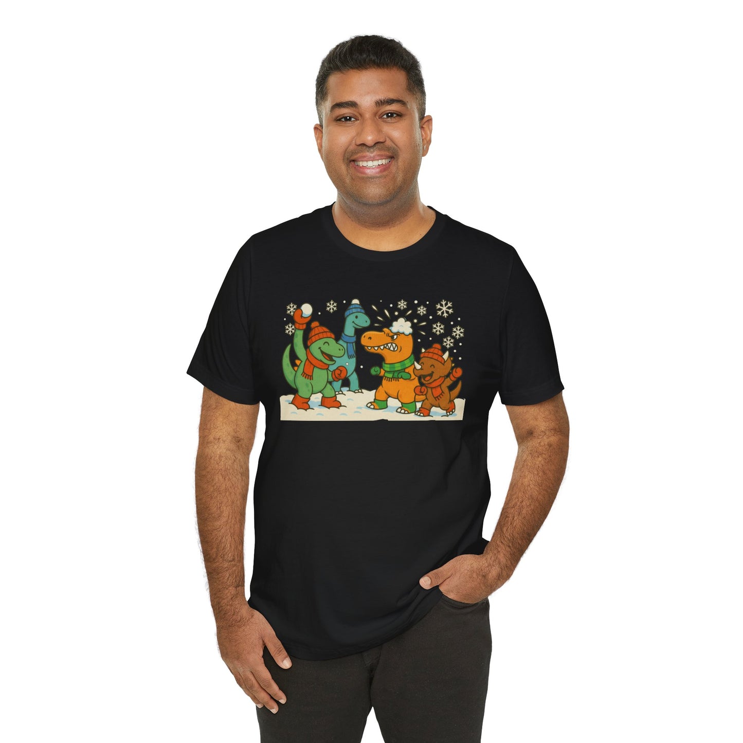 Dinosaur Snowball Fight T-Shirt – Funny Winter Dino Graphic Tee