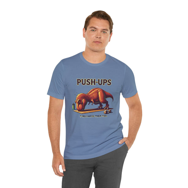 Blue crew-neck T-shirt with 'PUSH-UPS' T-Rex graphic, side-worn view