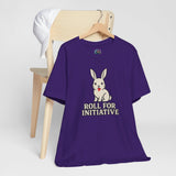 Purple T-shirt with bunny graphic and “Roll for Initiative” text, short sleeves