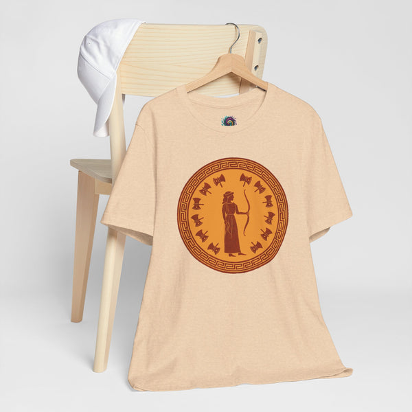 Tan crew-neck t-shirt with orange circular Greek myth figure graphic on wooden hanger