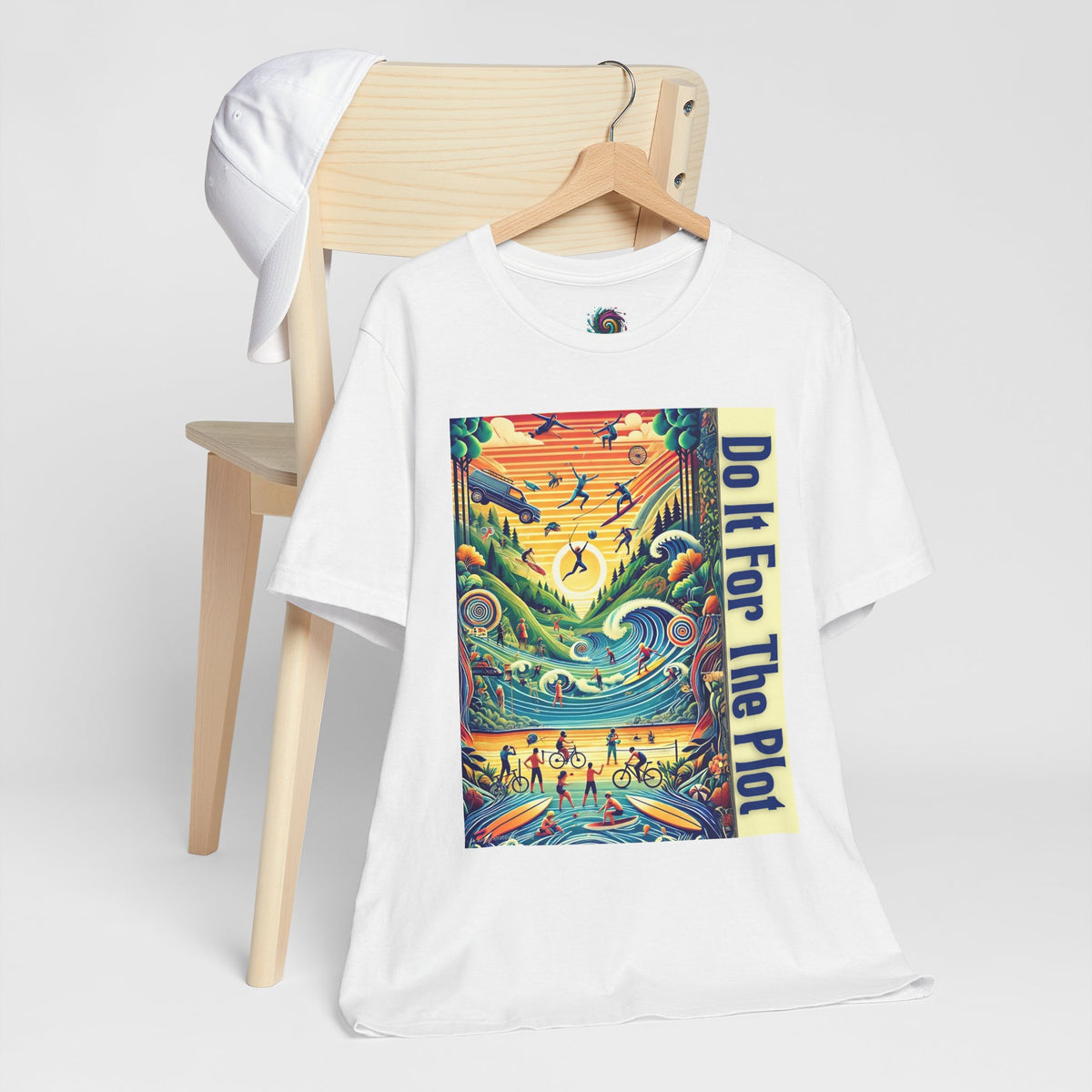 White graphic t-shirt with colorful vertical poster print and “Do It For The Plot” text