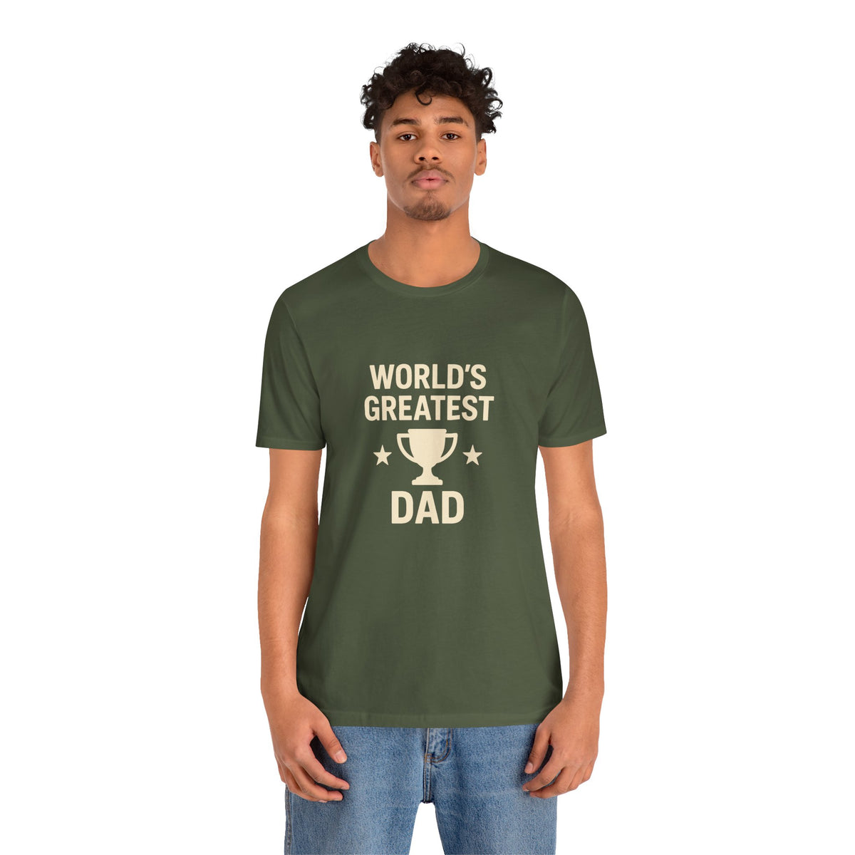 Green crew-neck T-shirt with “World’s Greatest Dad” trophy and stars front design