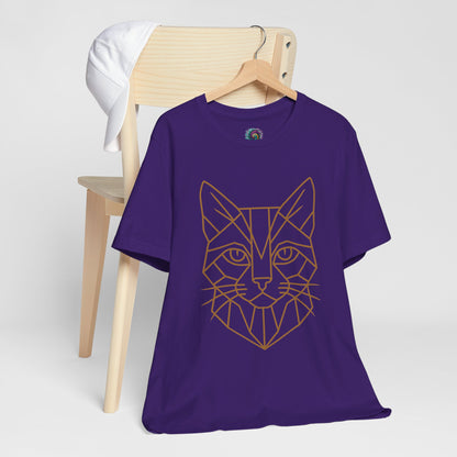 Purple t shirt with a cat head drawn in geometric lines - Geometric Cat t shirt from Whimspin