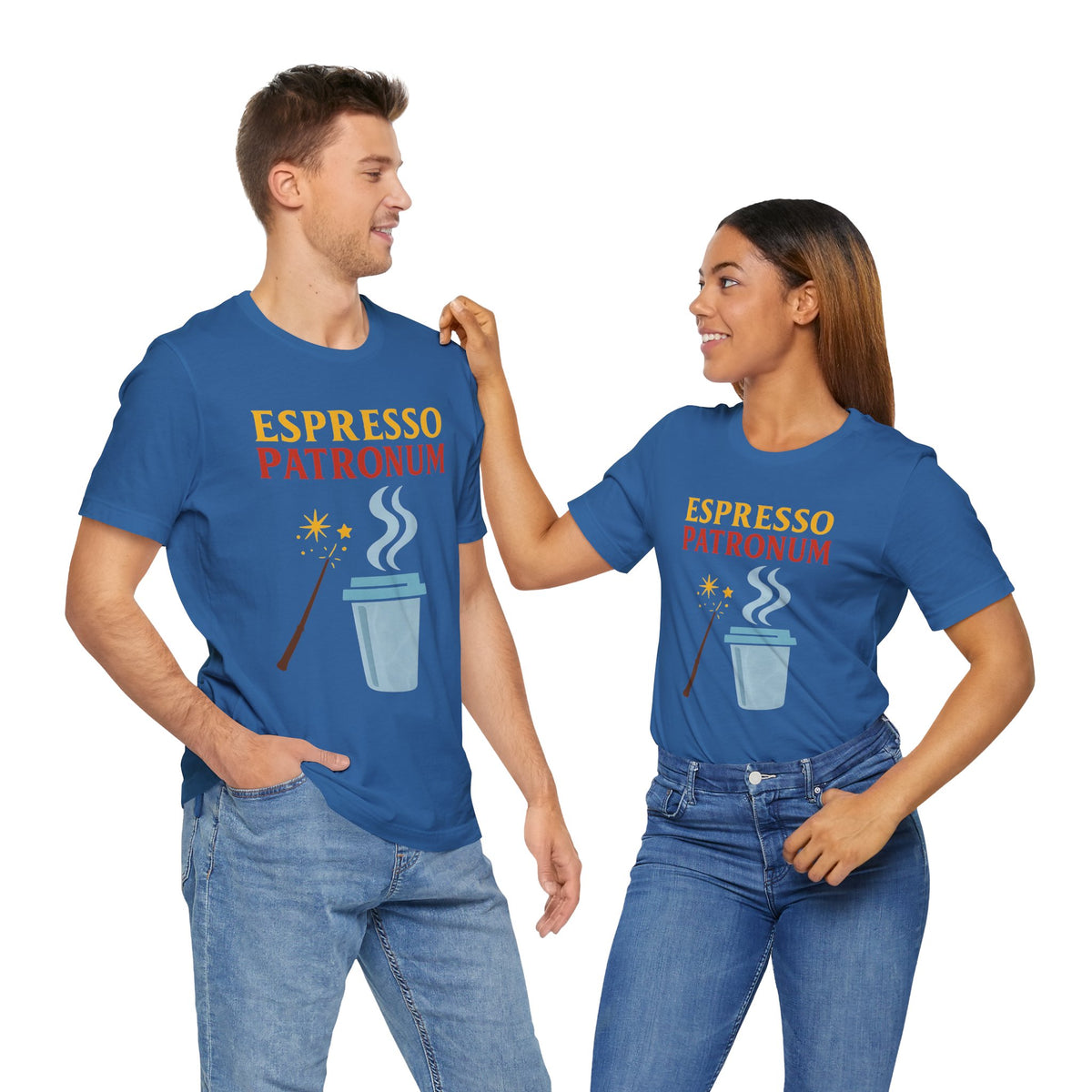 Blue crew-neck T-shirt with “ESPRESSO PATRONUM” graphic, shown worn by two people.
