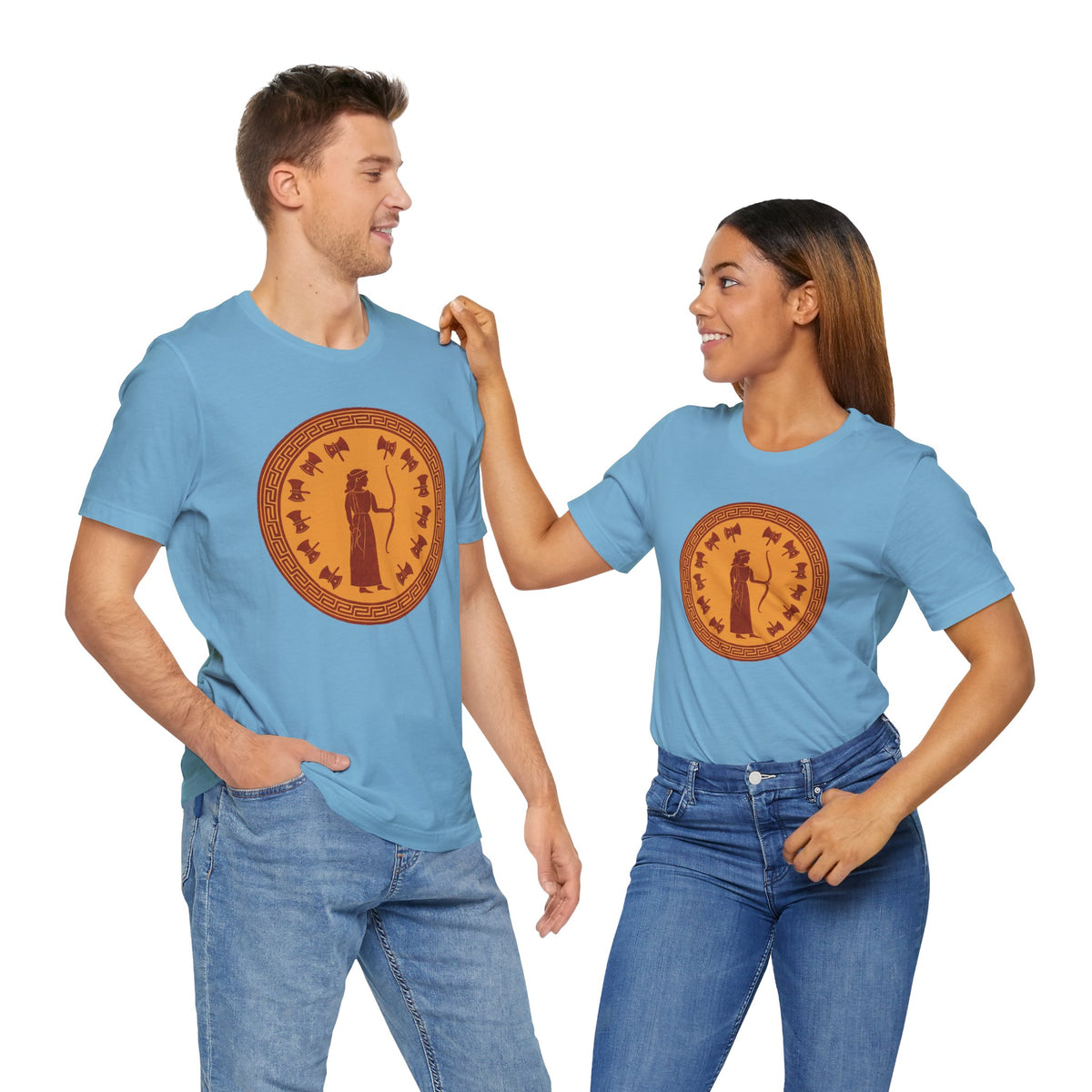 Sky blue crewneck T-shirt with orange circular Greek-style goddess graphic, on models