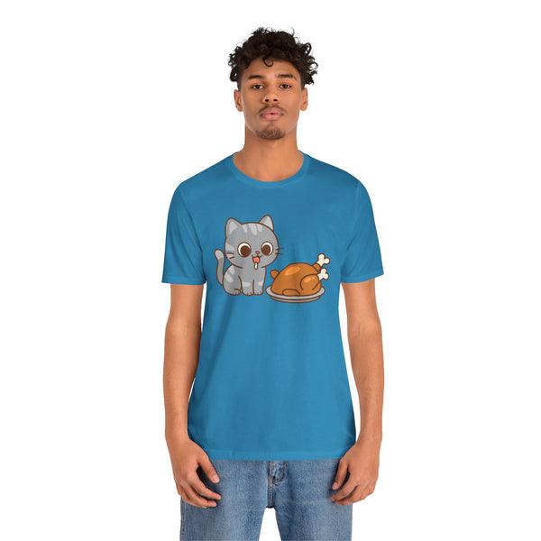 Aqua crew-neck t-shirt showing gray cat and orange turkey graphic on front