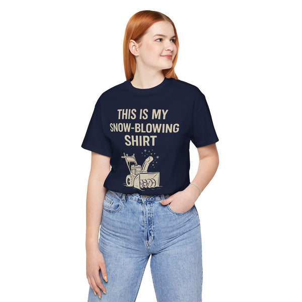 Navy snow-blowing slogan T-shirt with “THIS IS MY SNOW-BLOWING SHIRT” front print