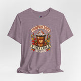 Heather purple crewneck T-shirt with “Pumpkin Spice Self Care Season” graphic