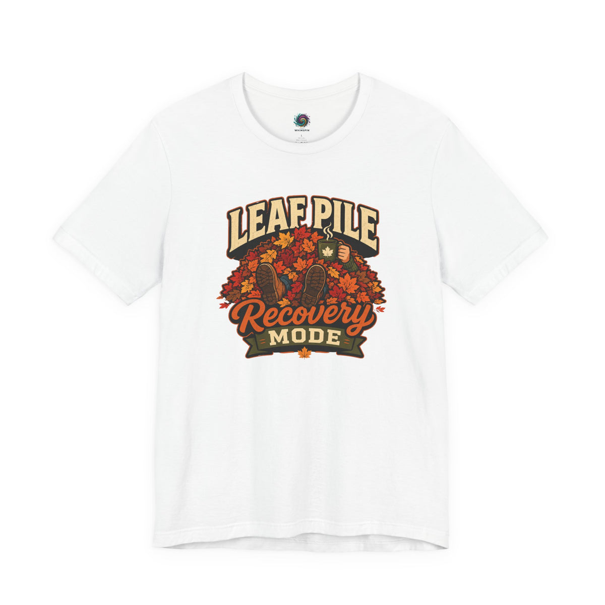 Leaf pile graphic recovery mode T-shirt in white with fall leaves front print