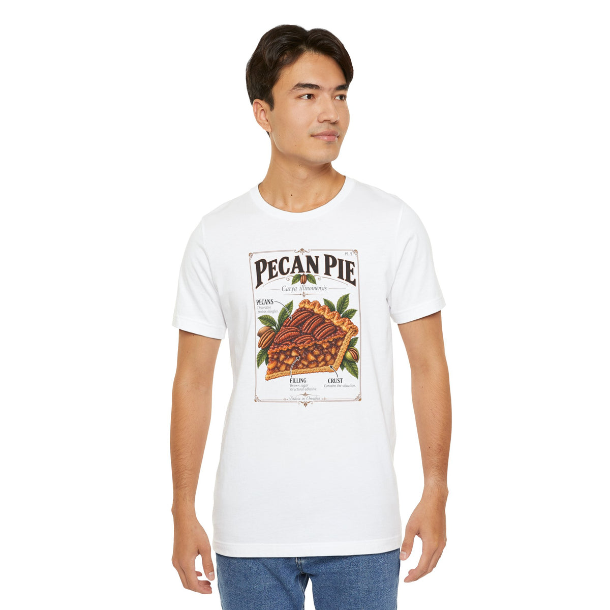 White crew-neck T-shirt with front vintage pie print and crew neckline.