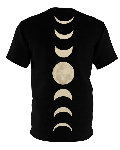 Black unisex T-shirt back view with vertical moon phases graphic and full moon center