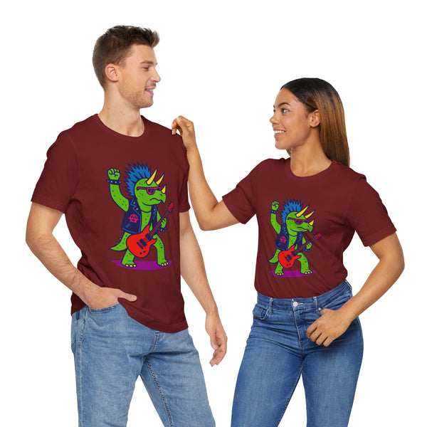Two people wearing burgundy dinosaur punk-rocker graphic T-shirts with triceratops guitarist