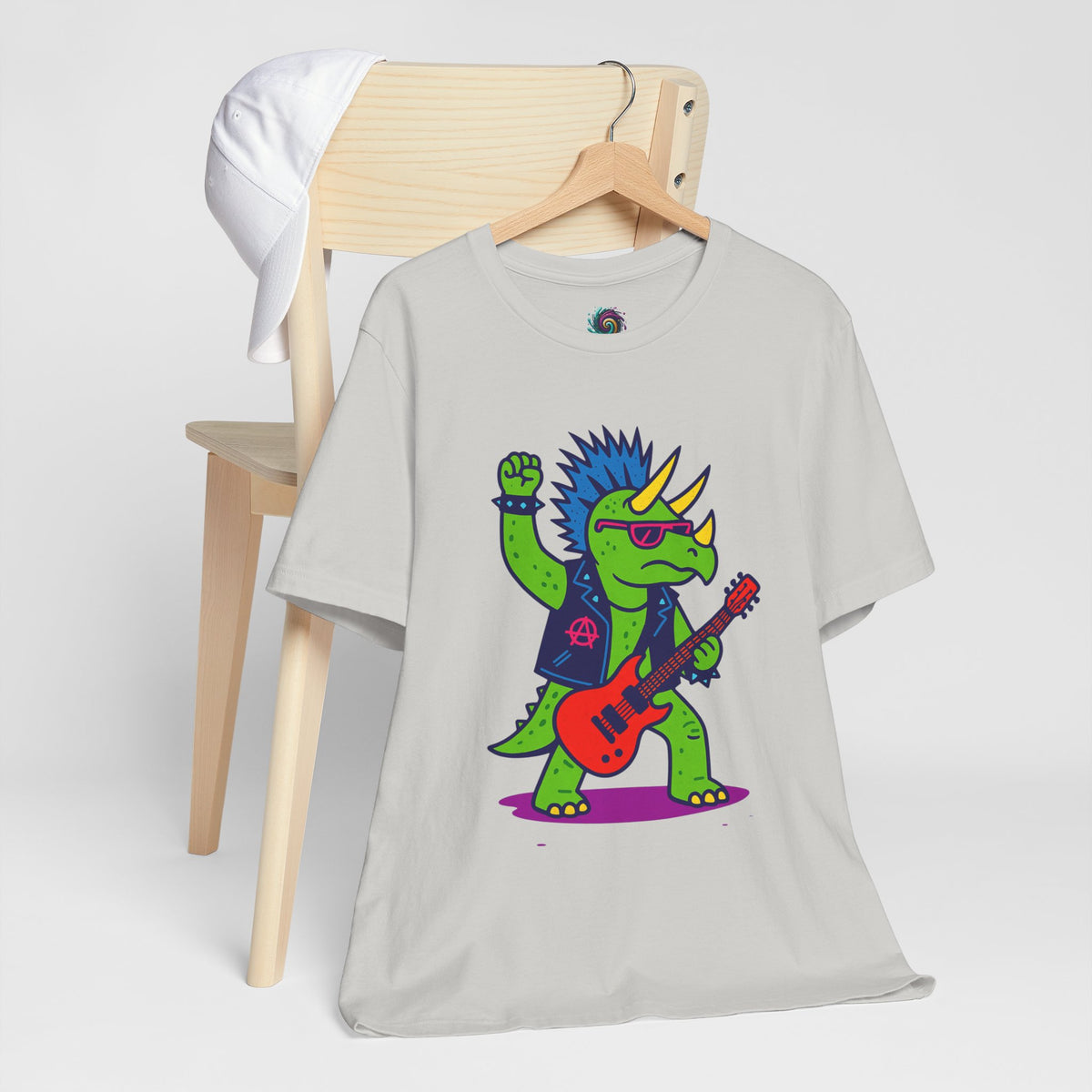 Light gray crewneck t-shirt with colorful punk triceratops playing red guitar graphic