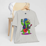 Light gray crewneck t-shirt with colorful punk triceratops playing red guitar graphic