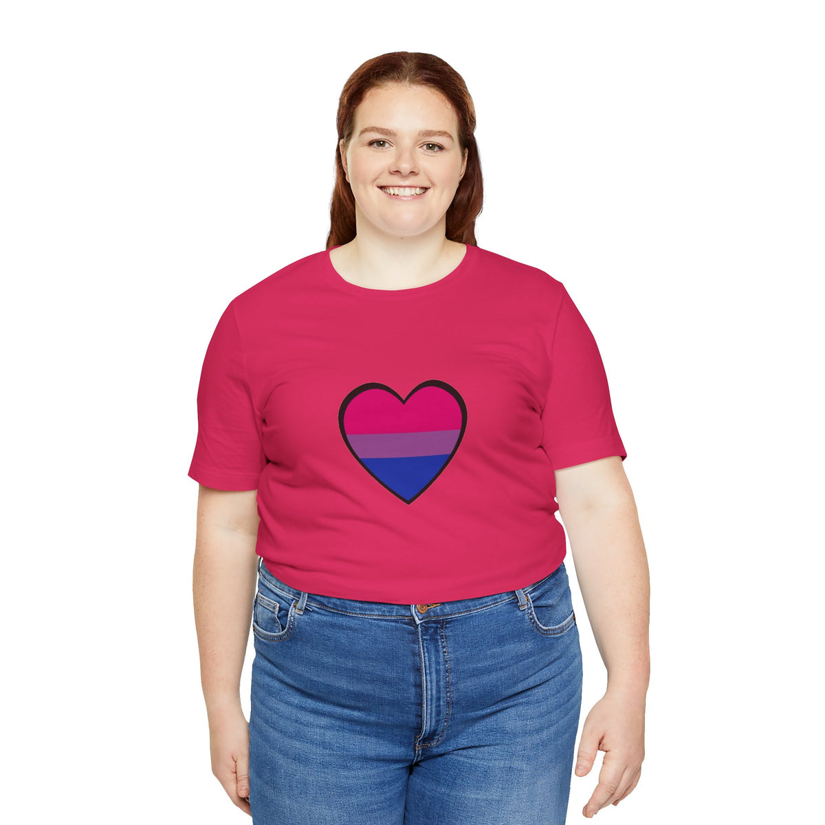 Fuchsia/pink crew-neck T-shirt with black-outlined heart Pride flag graphic