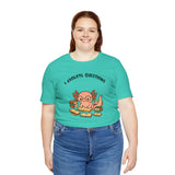 Teal crewneck T-shirt with axolotl reading books front print