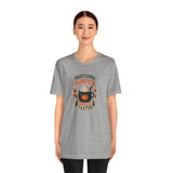 Heather gray crew-neck T-shirt with pumpkin spice taster graphic on the chest
