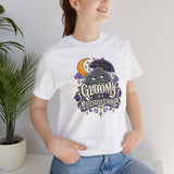 White unisex t-shirt with front goth cat moon graphic and crew neck.