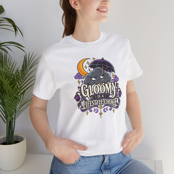 White unisex t-shirt with front goth cat moon graphic and crew neck.