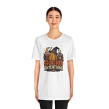 White unisex t-shirt with witch hat pumpkin graphic on the chest