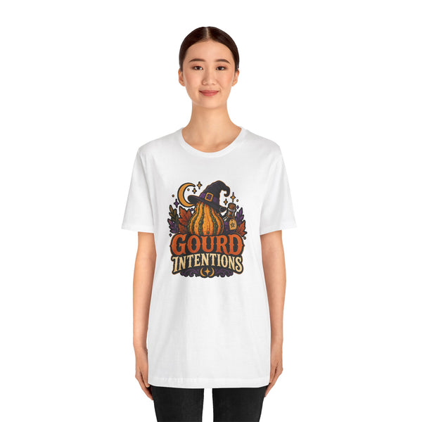 White unisex t-shirt with witch hat pumpkin graphic on the chest