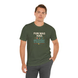 Dark green crew-neck t-shirt with front slogan graphic and social battery icon.
