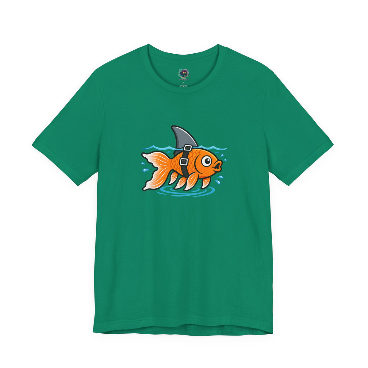 Deep teal T-shirt with cartoon goldfish-and-shark graphic on the chest