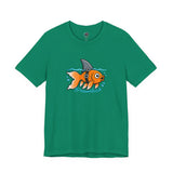 Deep teal T-shirt with cartoon goldfish-and-shark graphic on the chest