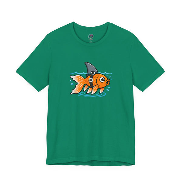 Deep teal T-shirt with cartoon goldfish-and-shark graphic on the chest