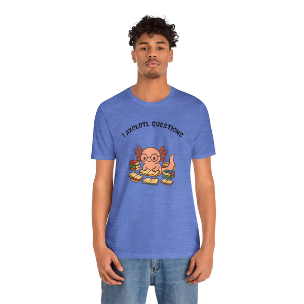 Blue crewneck T-shirt with axolotl reading book graphic on male model