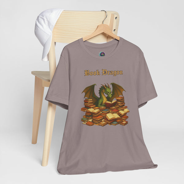 Gray crewneck T-shirt on wooden hanger, featuring dragon with stacked books graphic