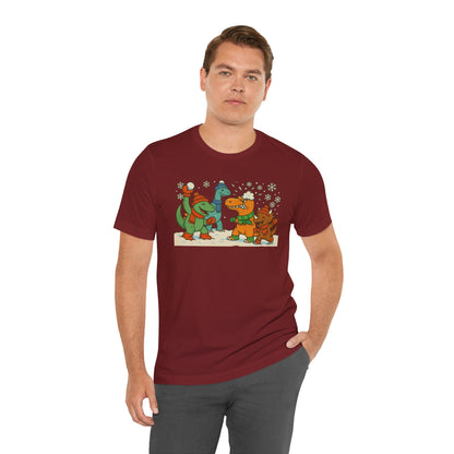 Dinosaur Snowball Fight T-Shirt – Funny Winter Dino Graphic Tee