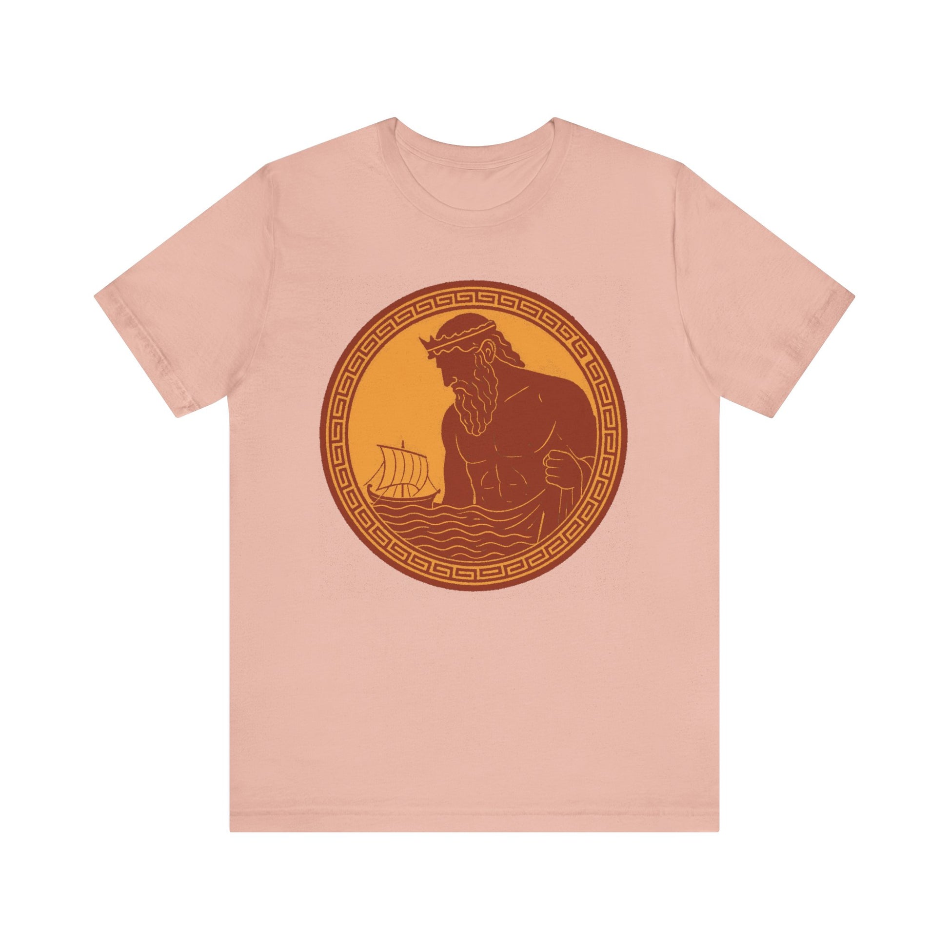 Peach Poseidon Epic T shirt from WhimSpin. This shirt features an ancient greek amphora style image of Poseidon raising from the sea and looming over a boat on the waves. Image is in terracotta cotta red and golden yellow. 