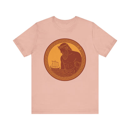 Peach Poseidon Epic T shirt from WhimSpin. This shirt features an ancient greek amphora style image of Poseidon raising from the sea and looming over a boat on the waves. Image is in terracotta cotta red and golden yellow. 