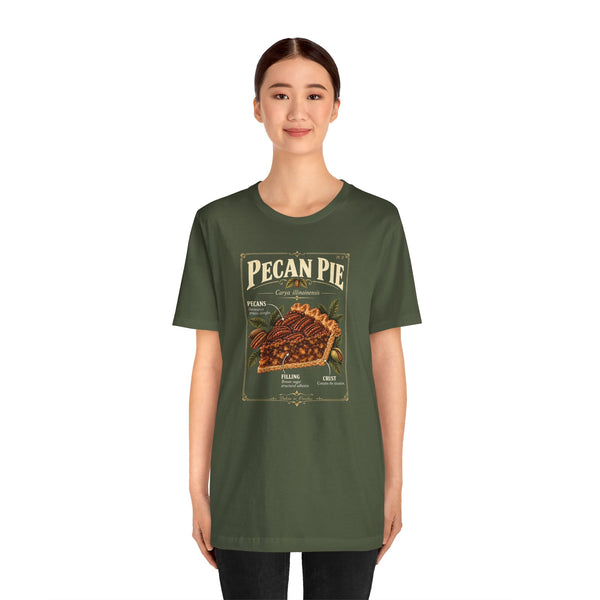 Olive green crewneck T-shirt with pecan pie anatomy graphic at center chest.