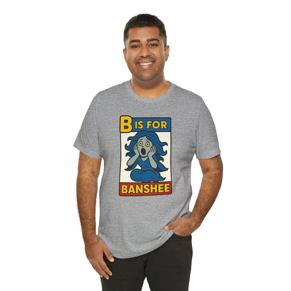 Heather gray short-sleeve T-shirt with “B is for Banshee” cartoon graphic centered