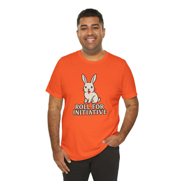 Orange crew-neck t-shirt featuring a white rabbit and “Roll for Initiative” text