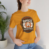 Mustard crew-neck T-shirt with Pumpkin Spice Recruitment Committee chest graphic