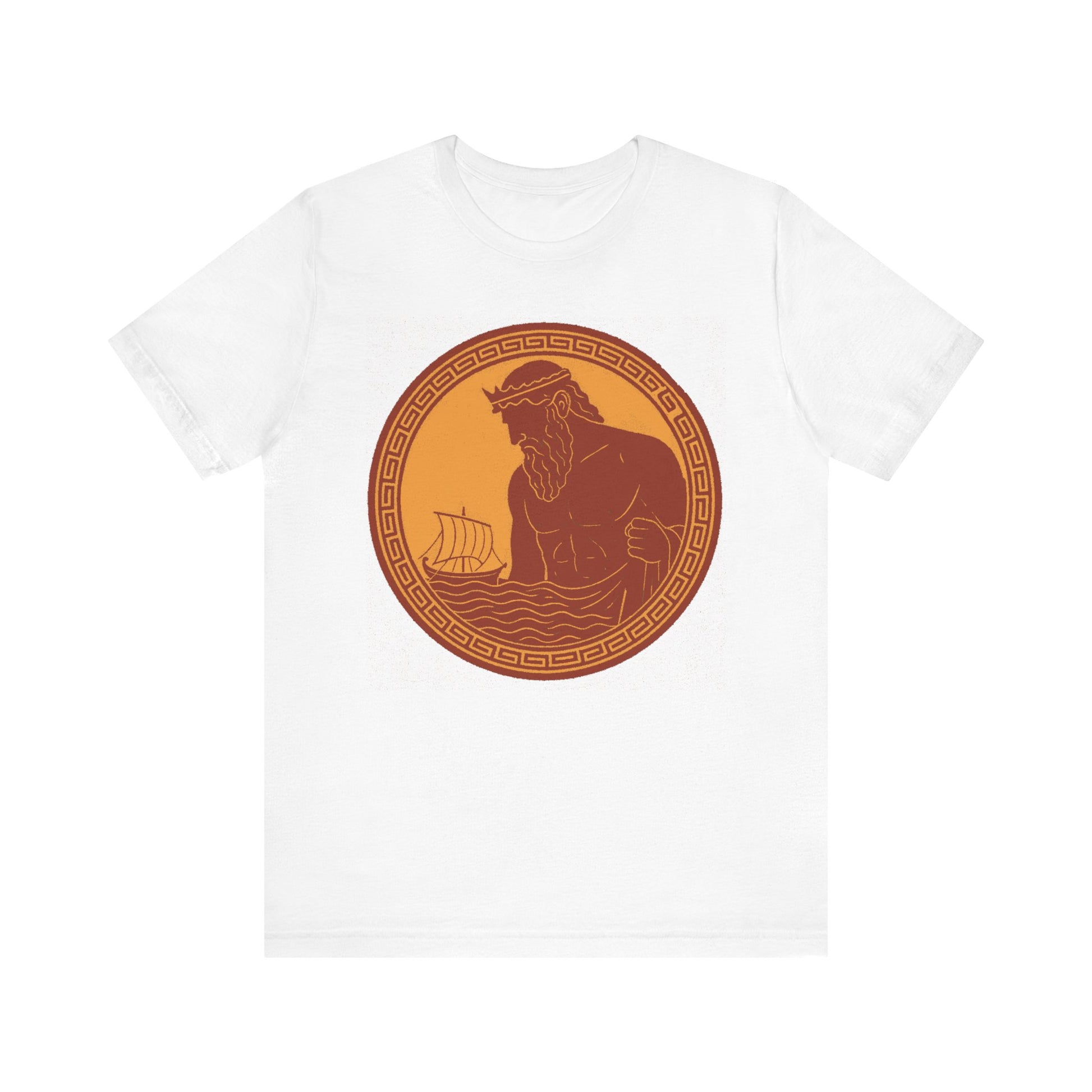 White Poseidon Epic T shirt from WhimSpin. This shirt features an ancient greek amphora style image of Poseidon raising from the sea and looming over a boat on the waves. Image is in terracotta cotta red and golden yellow. 