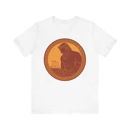 White Poseidon Epic T shirt from WhimSpin. This shirt features an ancient greek amphora style image of Poseidon raising from the sea and looming over a boat on the waves. Image is in terracotta cotta red and golden yellow. 