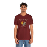 Maroon crew-neck T-shirt with chicken and egg graphic, “Organic free-Range” and “CRACK DEALER”