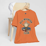 Burnt orange crewneck T-shirt with All-Nighter Club coffee cup graphic