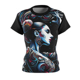 Black crew-neck t-shirt with front portrait graphic in blue, white, and red swirls